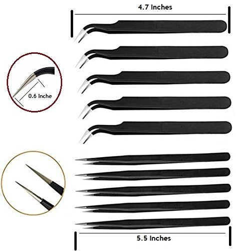 Johnson Tools Non Magnetic Stainless Steel Straight and Curved Tips Tweezers for Mobile, Gadget, Laptop and Jewelry Repair (Black) - Set of 10 Pieces