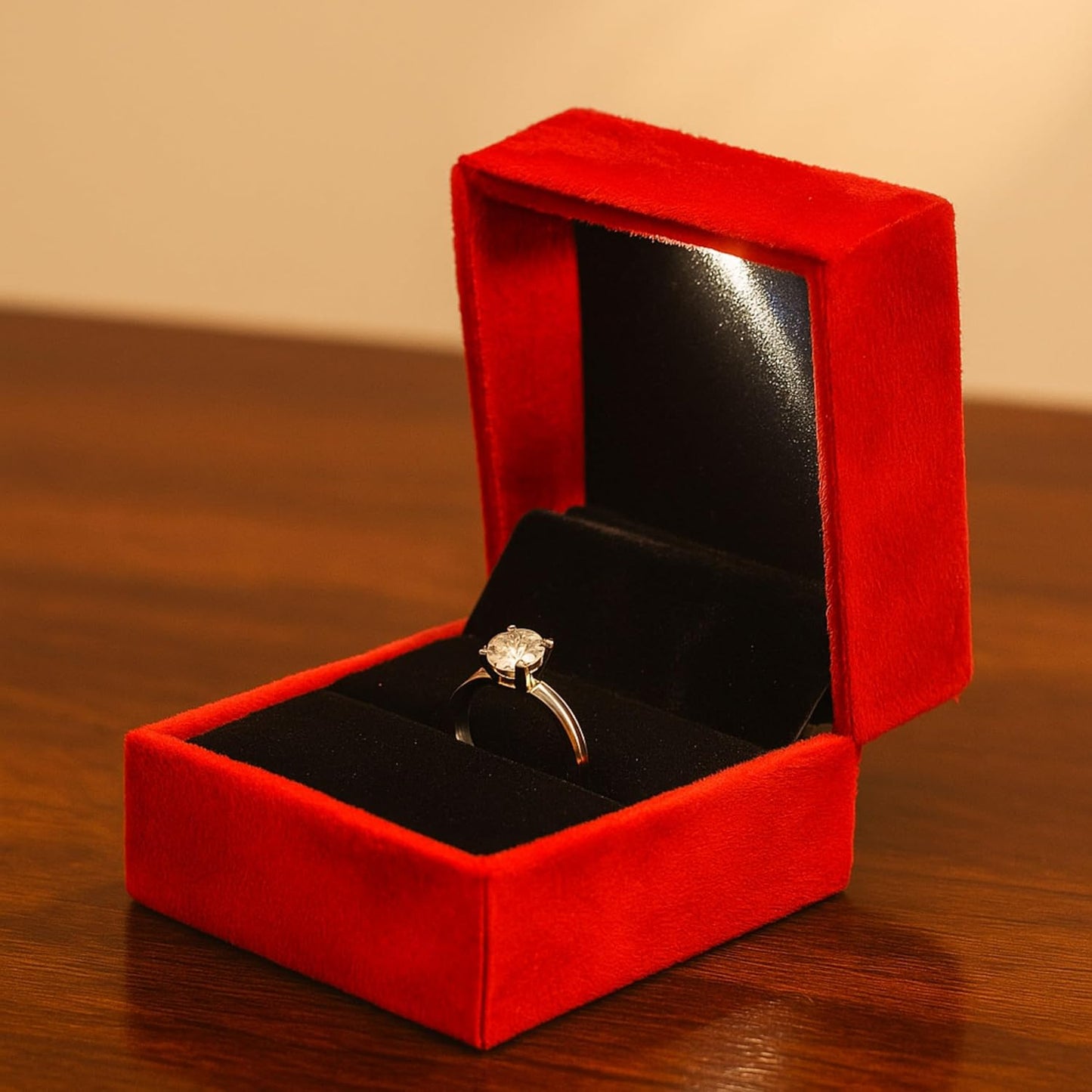 Johnson Tools Premium Ring Velvet Box (Red) with Automatic Lights for Gold and Silver Rings (size 3X3 inches)