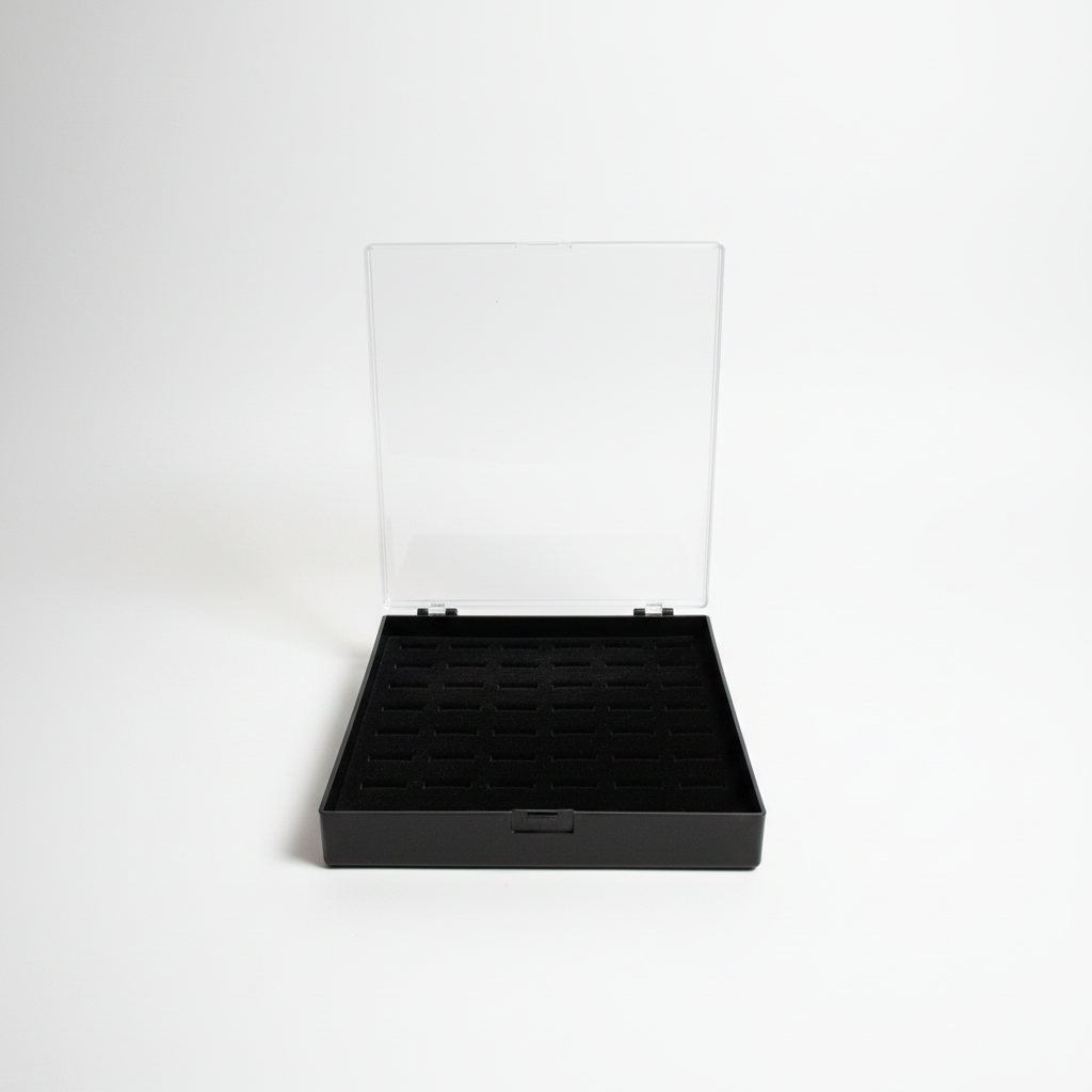Johnson Tools 48 Slots Ring Storage Organizer Box | Black Jewellery Display Case with Clear Lid | Velvet Ring Holder Tray for Gold, Silver, Gemstone Rings | Portable Jewellery Storage Box