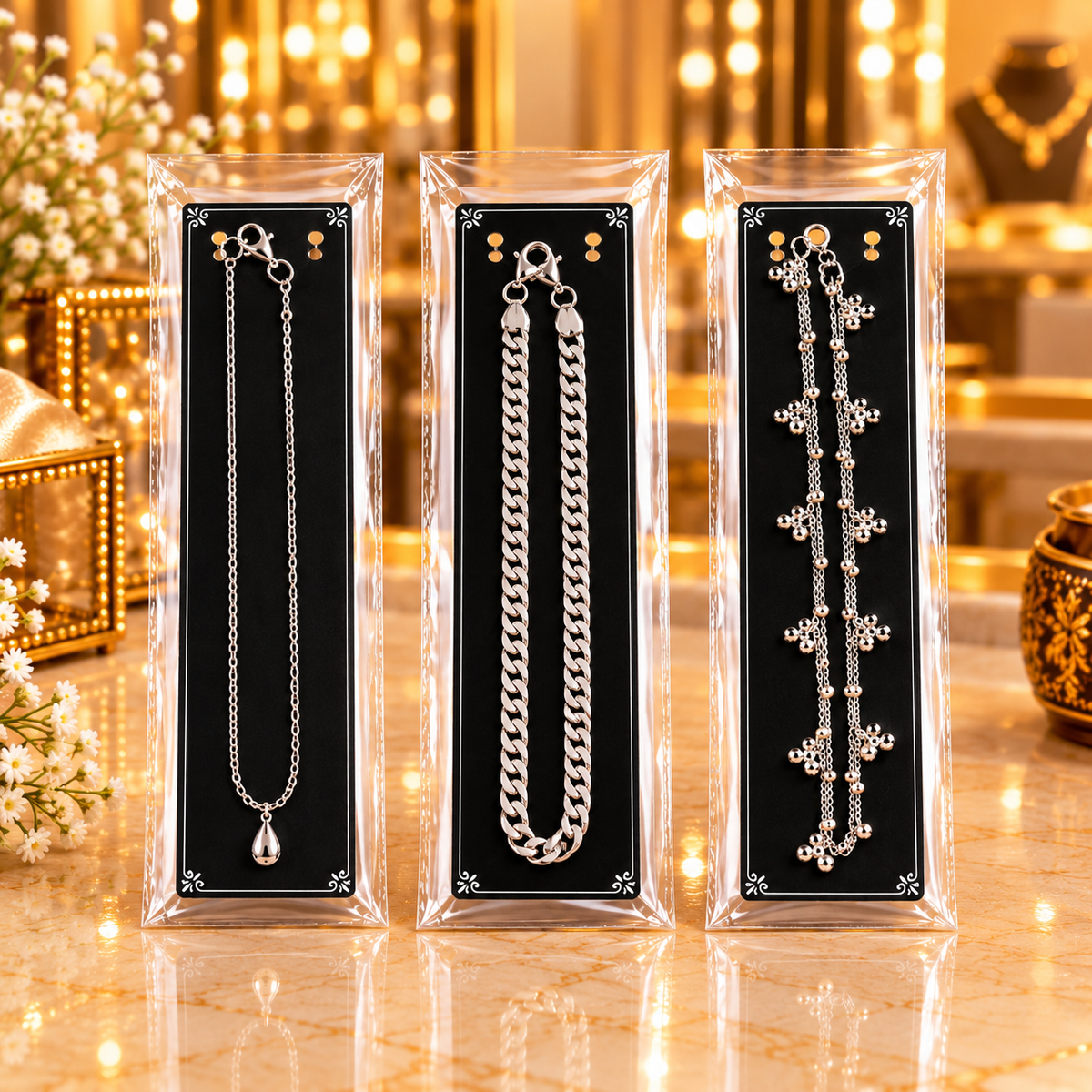 Johnson Tools C1P Series Black PVC Jewelry Display Card With Aluminium Clip And Single Stick Zipper For Payal, Chain, Bracelet