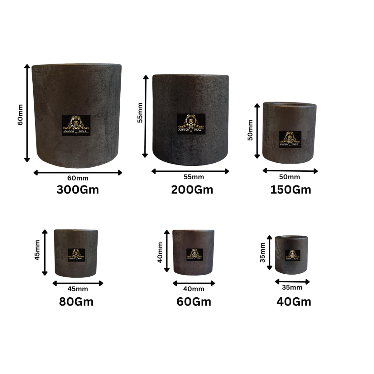 Johnson Tools Set of Graphite Carbon Crucible for Casting, Melting, Refining Gold, Silver, Copper, Aluminium, Brass, LED, Scrap, Jewellery (Color: Grey, Pack of 6), Metal