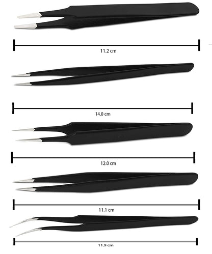 Johnson Tools ESD Multifunction Upgraded Anti-Static Professional Tweezers for Eyebrows, Women, Splinter, Ingrown Hair Removal, Electronic Repairing, Soldering, Crafting Tool Kit(Pack of 5 Pieces)