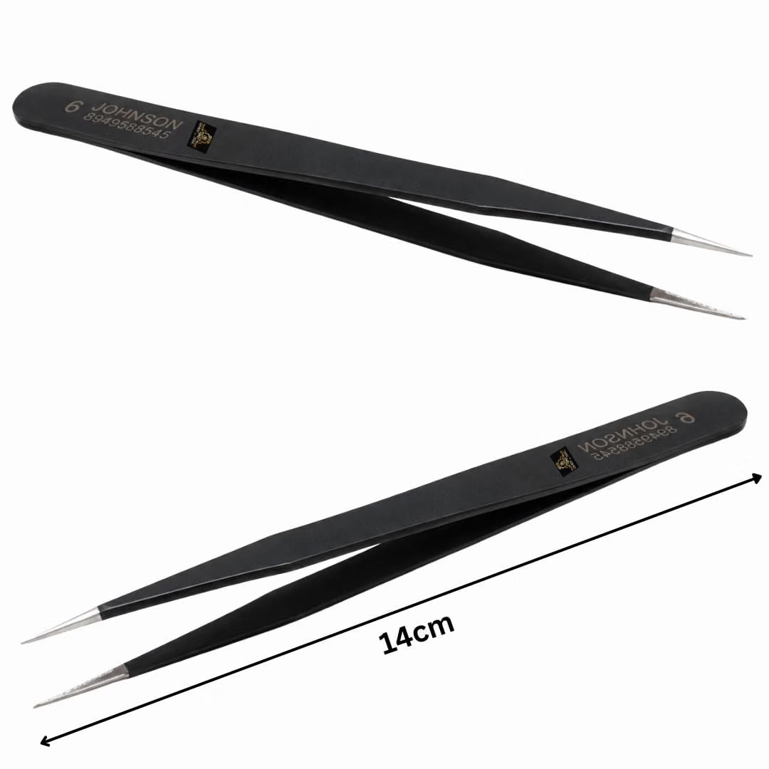 Johnson Tools Straight Tips Stainless Steel Powder Coated Tweezers for Mobile/Gadget/Laptop and Jewelry Repair (Color - black, Set of 10 Pieces)