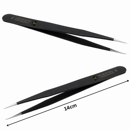 Johnson Tools Straight Tips Stainless Steel Powder Coated Tweezers for Mobile/Gadget/Laptop and Jewelry Repair (Color - black, Set of 10 Pieces)