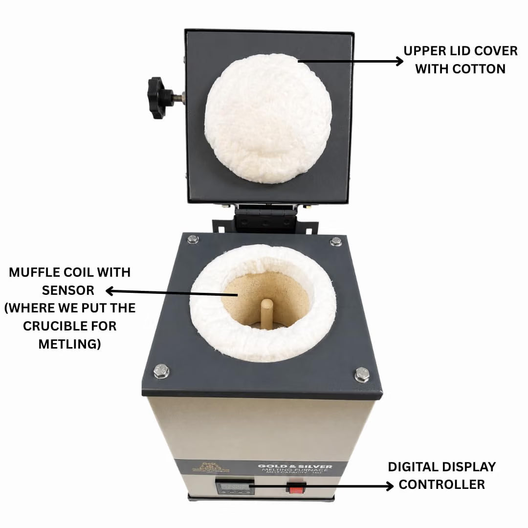 Johnson tools Gold & Silver Melting Furnace Machine for Jewellery (1kg Capacity, 900W, 220V, Fast Heating up to 1200°C, White-Black Color, Digital Temperature Controller)