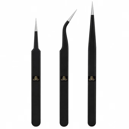 Johnson Tools Non Magnetic Stainless Steel Straight, Curved, Pointed Tips Tweezers for Mobile, Gadget, Laptop and Jewelry Repair (Black, Set of 3 Pieces)