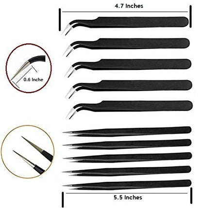 Johnson Tools Non Magnetic Stainless Steel Straight and Curved Tips Tweezers for Mobile, Gadget, Laptop and Jewelry Repair (Black) - Set of 10 Pieces