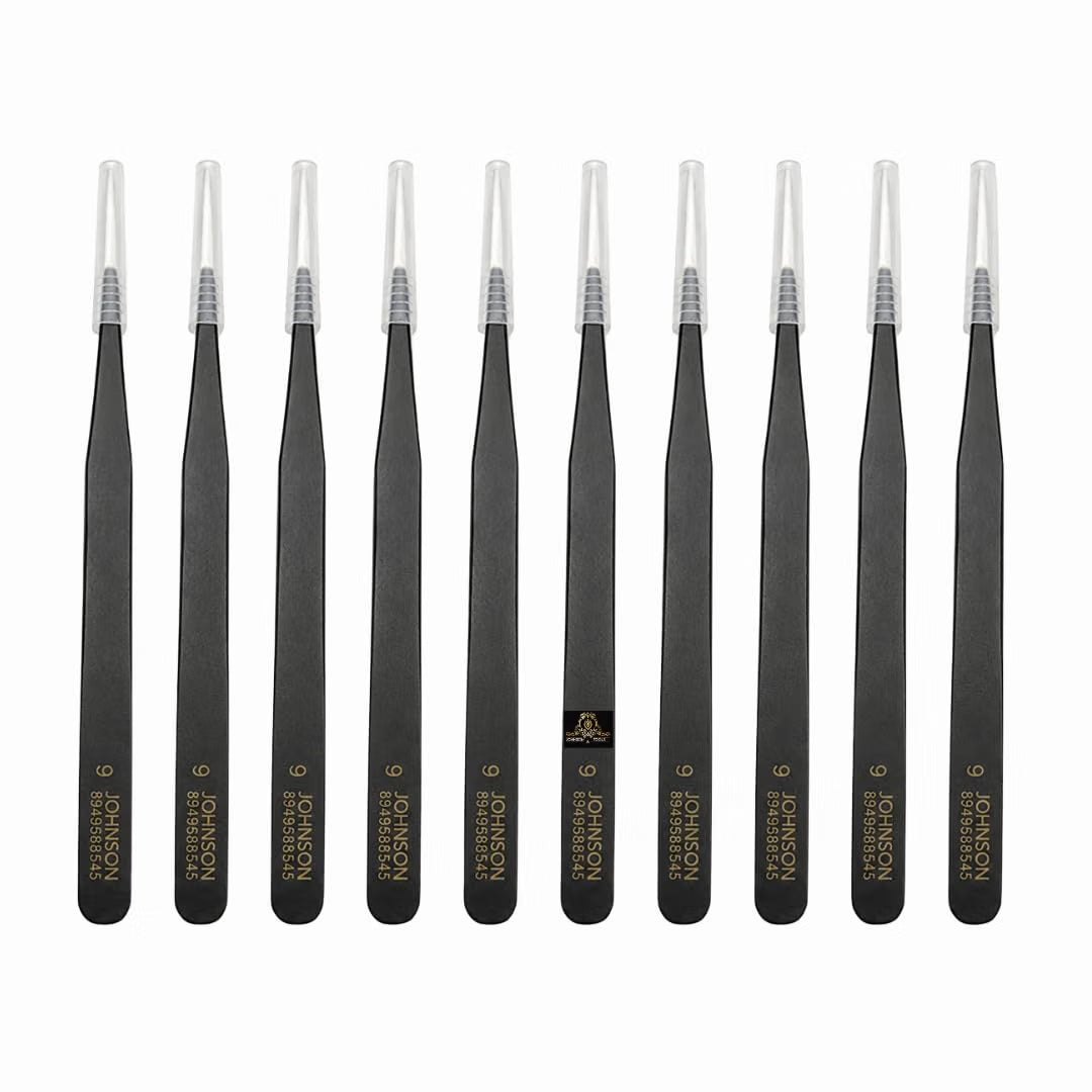 Johnson Tools Straight Tips Stainless Steel Powder Coated Tweezers for Mobile/Gadget/Laptop and Jewelry Repair (Color - black, Set of 10 Pieces)