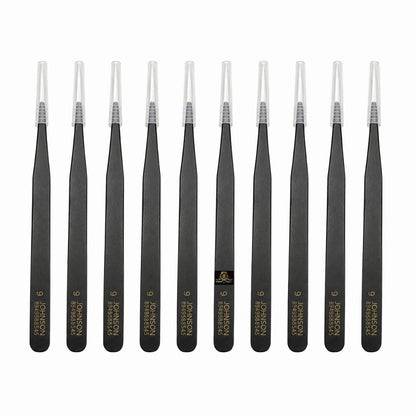 Johnson Tools Straight Tips Stainless Steel Powder Coated Tweezers for Mobile/Gadget/Laptop and Jewelry Repair (Color - black, Set of 10 Pieces)