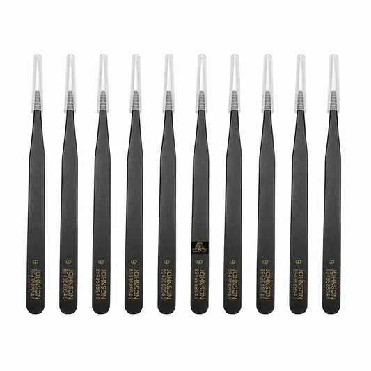 Johnson Tools Straight Tips Stainless Steel Powder Coated Tweezers for Mobile/Gadget/Laptop and Jewelry Repair (Color - black, Set of 10 Pieces)