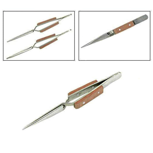 Johnson Tools Self Lock/Close Wooden Handle Grip Soldering Tweezer For Jewellery Works (Color- Clear, Size-6.5")