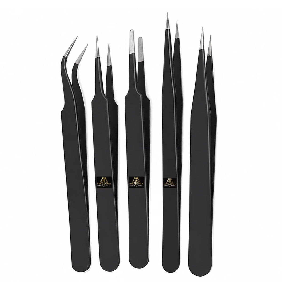 Johnson Tools ESD Multifunction Upgraded Anti-Static Professional Tweezers for Eyebrows, Women, Splinter, Ingrown Hair Removal, Electronic Repairing, Soldering, Crafting Tool Kit(Pack of 5 Pieces)