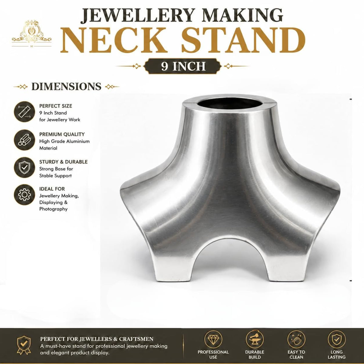 Johnson Tools Aluminium Necklace Display Neck Stand (9 Inch) for Gold, Silver Jewellery Making, Jodha Har Shaping, Designing and Repair Tool