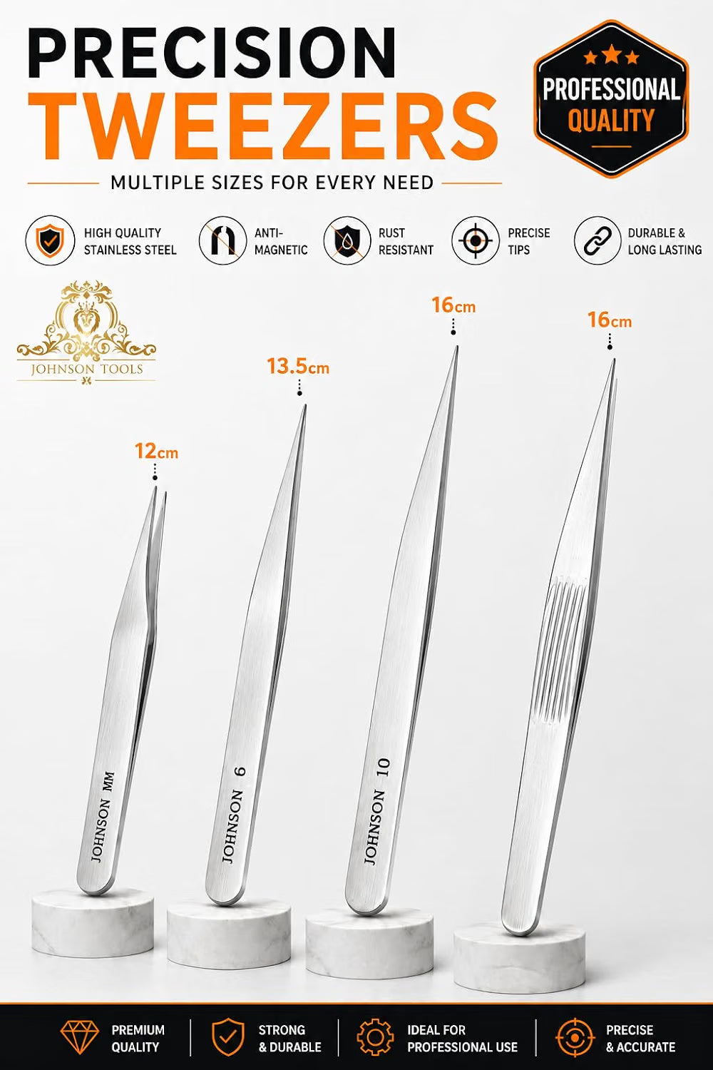 Johnson Tools Set of Straight Tip Stainless Steel Tweezers for Mobile/Gadget/Laptop and Jewelry Repair (Color - Chrome, Set of 4 Pieces)