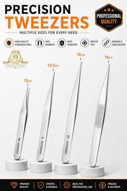 Johnson Tools Set of Straight Tip Stainless Steel Tweezers for Mobile/Gadget/Laptop and Jewelry Repair (Color - Chrome, Set of 4 Pieces)