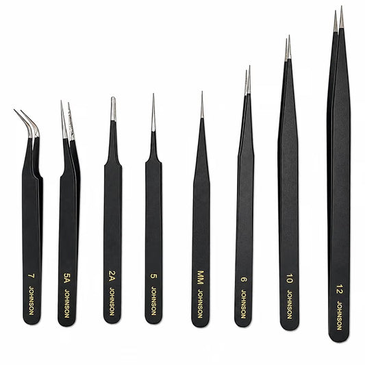Johnson Tools ESD Multifunction Upgraded Anti-Static Professional Tweezers for Eyebrows, Women, Splinter, Ingrown Hair Removal, Electronic Repairing, Soldering, Crafting Tool Kit (Pack of 8 Pieces)