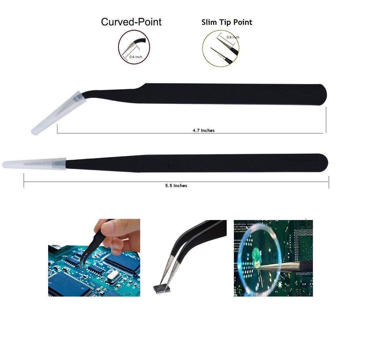 JOHNSON TOOLS Stainless Steel Straight and Curved Tips Tweezers/Forceps for Mobile, Gadget, Laptop and Jewelry Repair (Black) - Set of 2 Pieces
