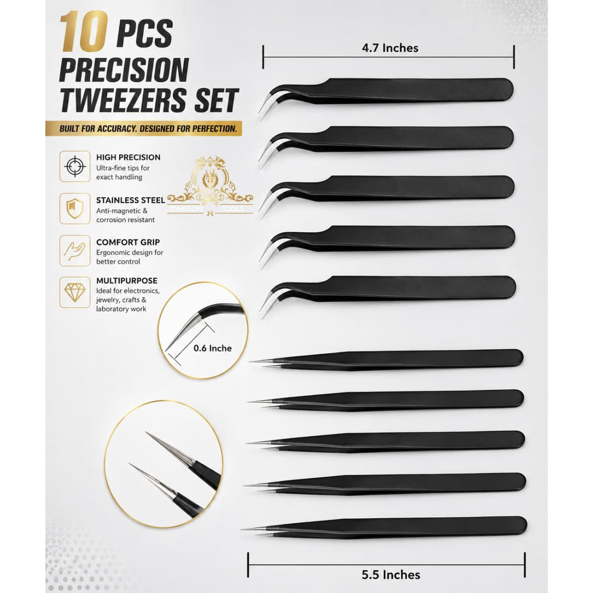 Johnson Tools Non Magnetic Stainless Steel Straight and Curved Tips Tweezers for Mobile, Gadget, Laptop and Jewelry Repair (Black) - Set of 10 Pieces