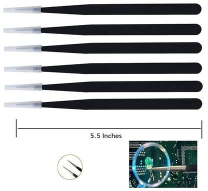 Johnson Tools Stainless Steel Straight Tweezers Non-Magnetic for Mobile, Electronic Gadget, Laptop and Jewelry Repair (Black) - Set of 6 Pieces BY Gulab's Tools