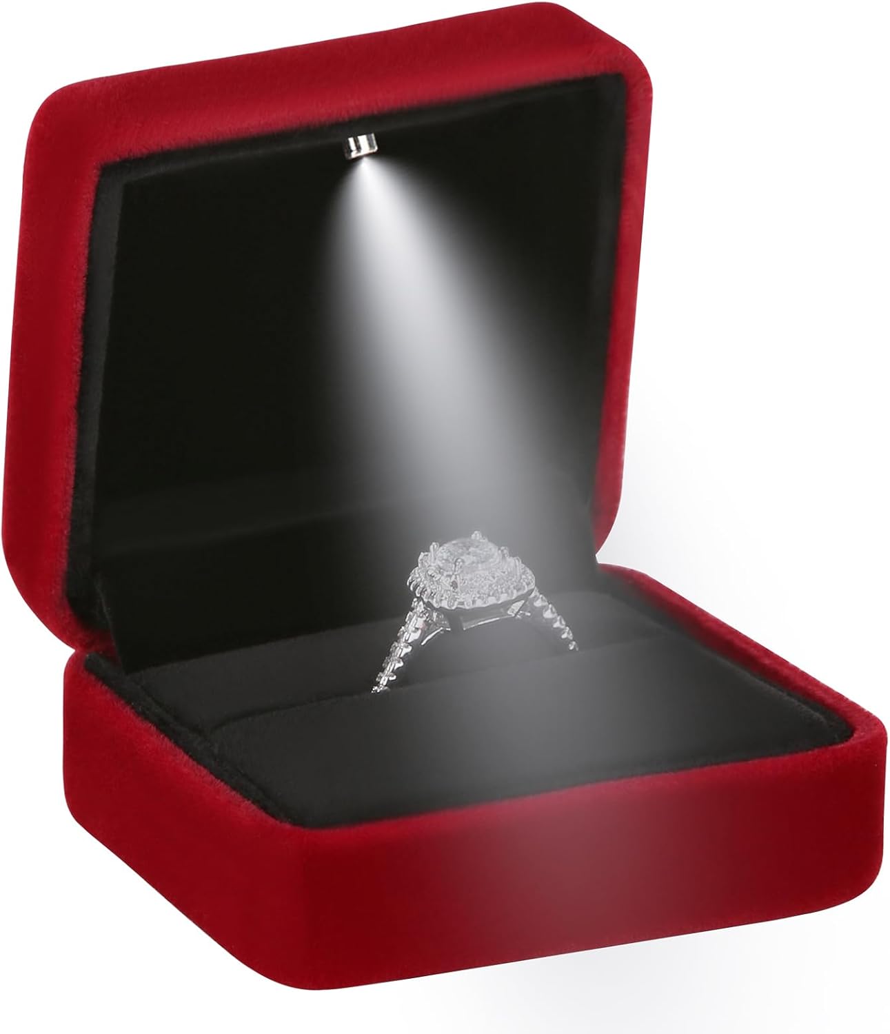 Johnson Tools Premium Ring Velvet Box (Red) with Automatic Lights for Gold and Silver Rings (size 3X3 inches)