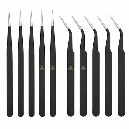 Johnson Tools Non Magnetic Stainless Steel Straight and Curved Tips Tweezers for Mobile, Gadget, Laptop and Jewelry Repair (Black) - Set of 10 Pieces