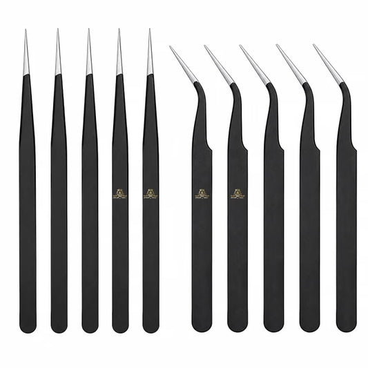 Johnson Tools Non Magnetic Stainless Steel Straight and Curved Tips Tweezers for Mobile, Gadget, Laptop and Jewelry Repair (Black) - Set of 10 Pieces