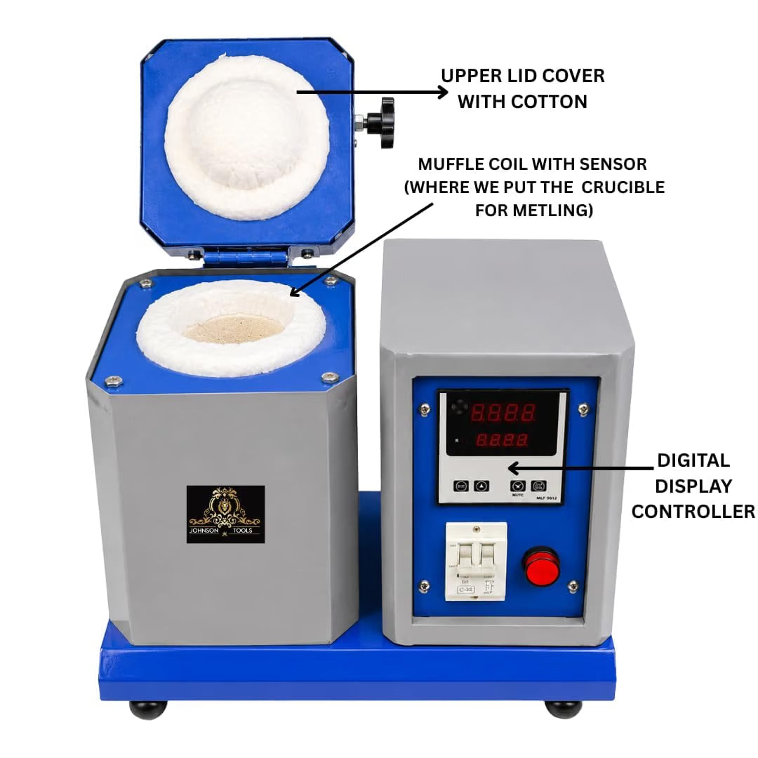 Johnson Tools JTMF-1K Melting Furnace For Gold and Silver -Capacity 1Kg, Volts 230v, Size - 41 x 22 x 36 cm (Color - Blue, Heavy Quality Model)