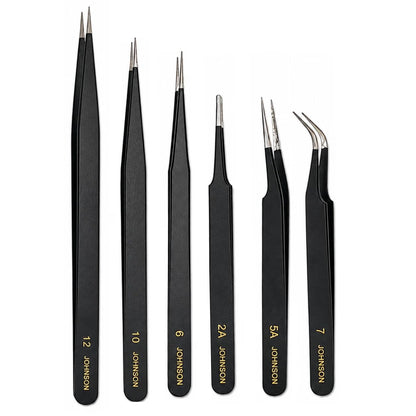 Johnson Tools ESD Multifunction Upgraded Anti-Static Professional Tweezers for Eyebrows, Women, Splinter, Ingrown Hair Removal, Electronic Repairing, Crafting Tool Kit (Pack of 6 Pieces)