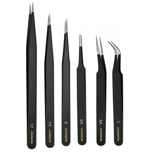 Johnson Tools ESD Multifunction Upgraded Anti-Static Professional Tweezers for Eyebrows, Women, Splinter, Ingrown Hair Removal, Electronic Repairing, Crafting Tool Kit (Pack of 6 Pieces)