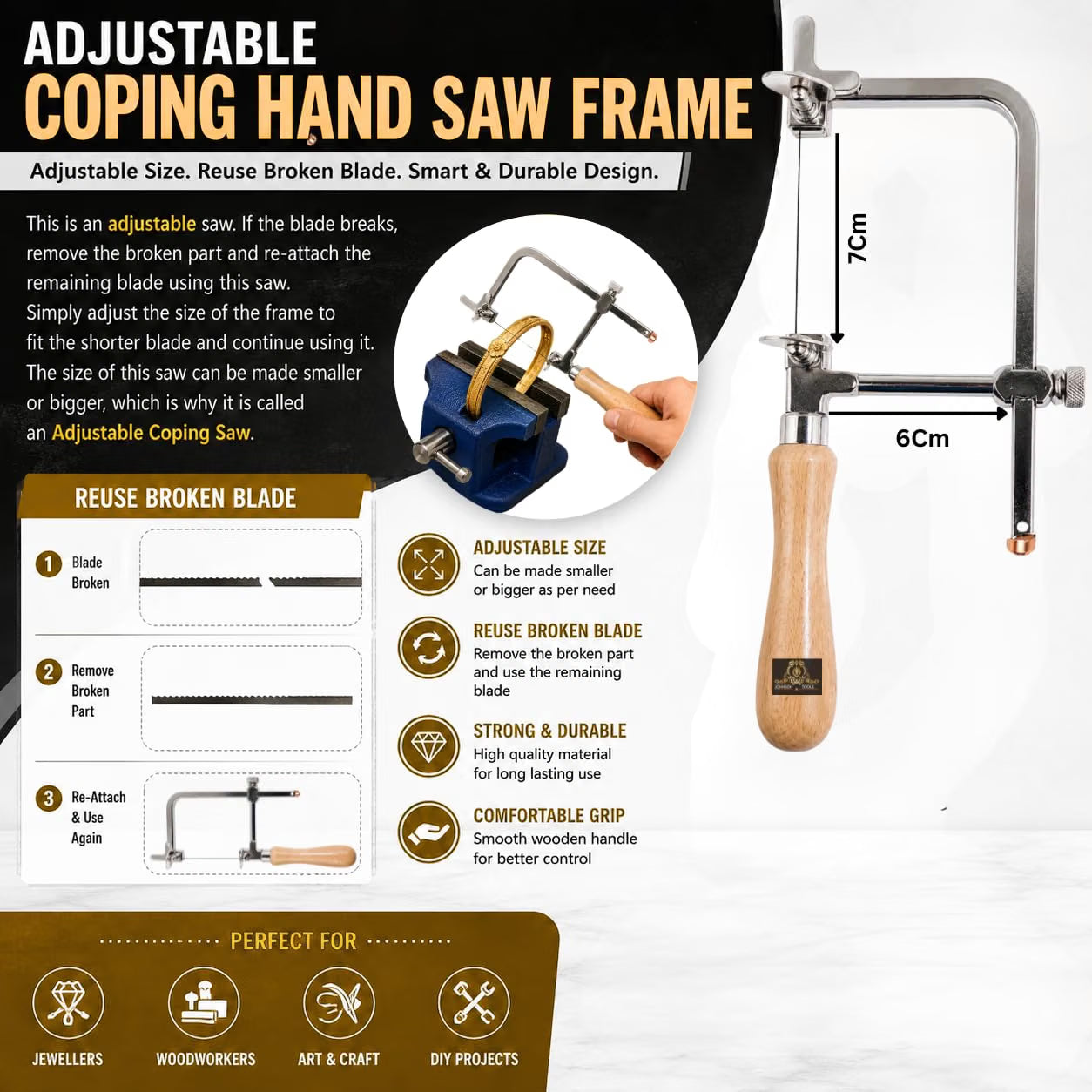 Johnson Tools Chrome Adjustable Coping Hand Saw with 120 Piece Blades For Gold and Silver and Other Art n Craft Use (75mm Inner Height)