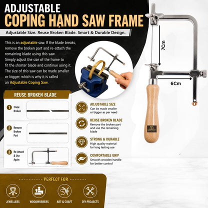 Johnson Tools Chrome Adjustable Coping Hand Saw with 120 Piece Blades For Gold and Silver and Other Art n Craft Use (75mm Inner Height)