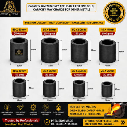 Johnson Tools Set of Graphite Carbon Crucible (Pack of 8) - for Casting, Melting, Refining Gold, Silver, Copper, Aluminium, Brass, Scrap Jewellery Making Work (Color- Dark Grey) Visit the Johnson Tools Store