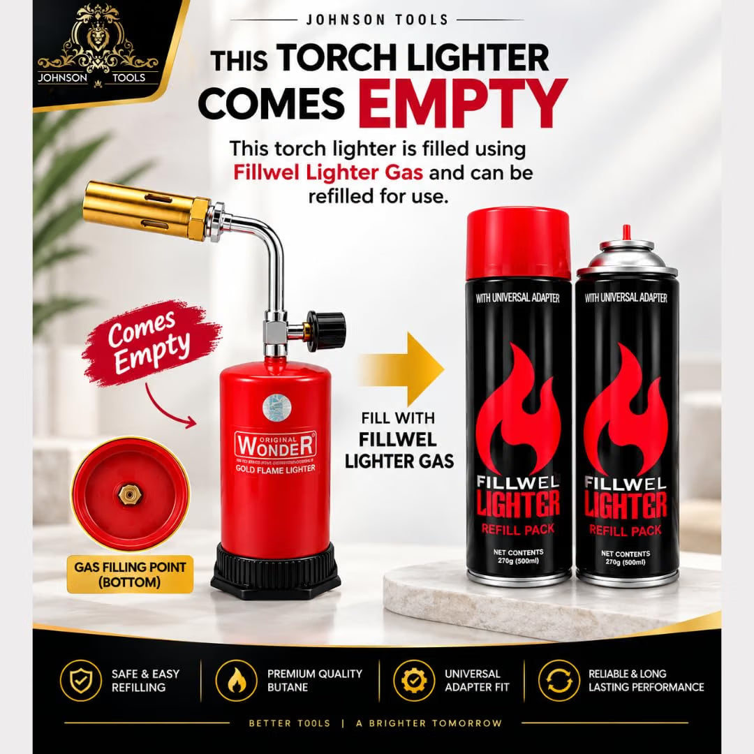 Johnson Tools Long Nozzle Gas Torch (refillable) with Removable Burner size no.3 used as, Burner, Lighter, Soldering Tool (Without Gas)