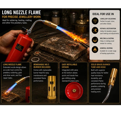 Johnson Tools Long Nozzle Gas Torch (refillable) with Removable Burner size no.3 used as, Burner, Lighter, Soldering Tool (Without Gas)
