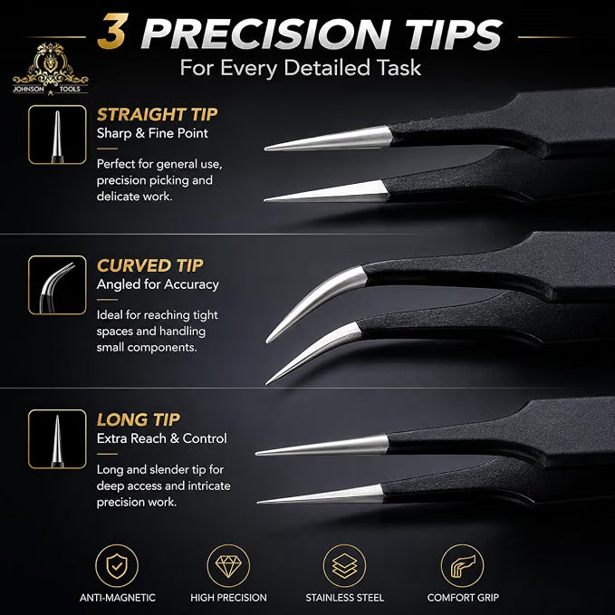 Johnson Tools Non Magnetic Stainless Steel Straight, Curved, Pointed Tips Tweezers for Mobile, Gadget, Laptop and Jewelry Repair (Black, Set of 3 Pieces)