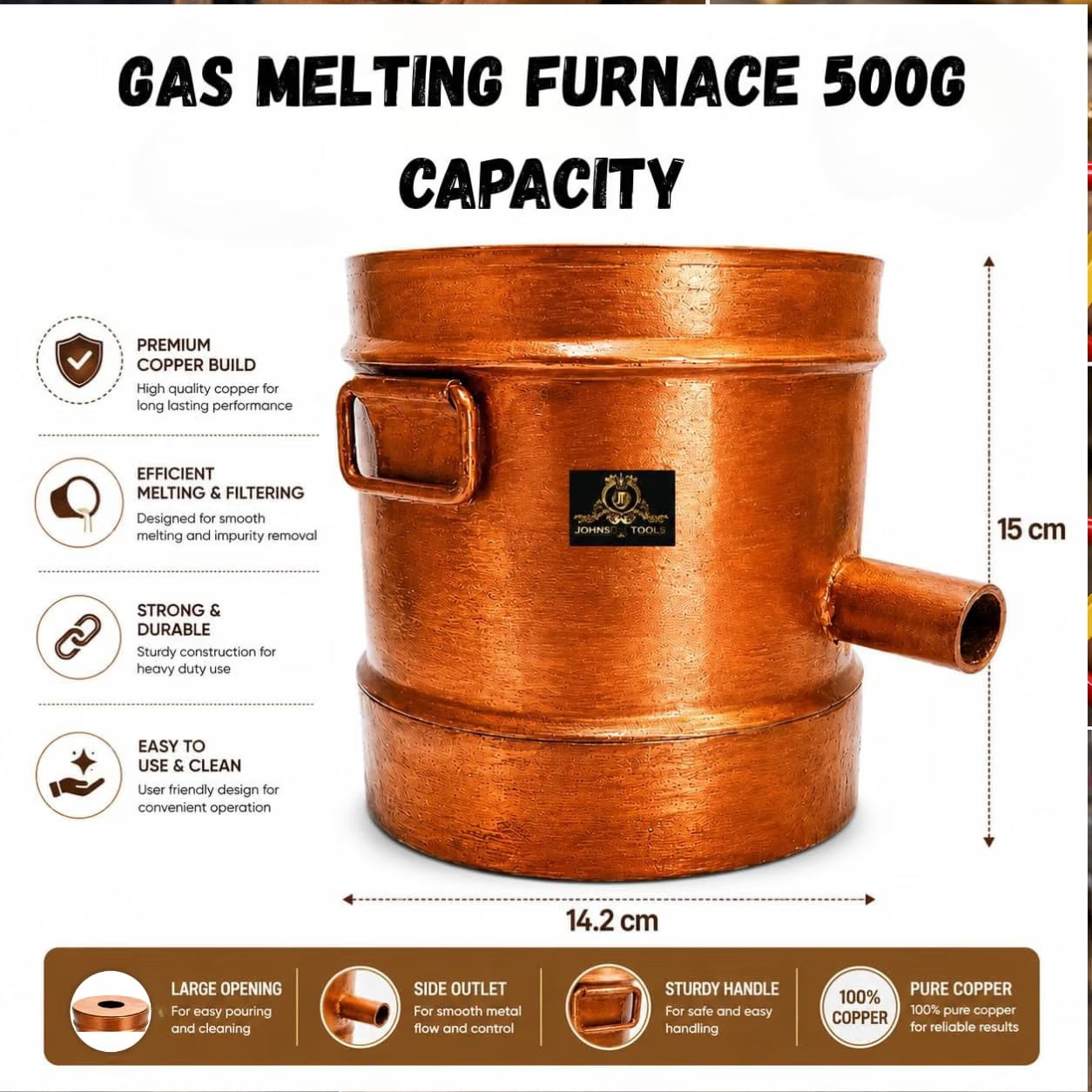 Johnson Tools Gas Melting Furnace 500g Capacity (Desi Bhatti) for Gold, Silver, Brass Melting Jewellery Casting, Refining Use (Crucible and Torch Not Included)