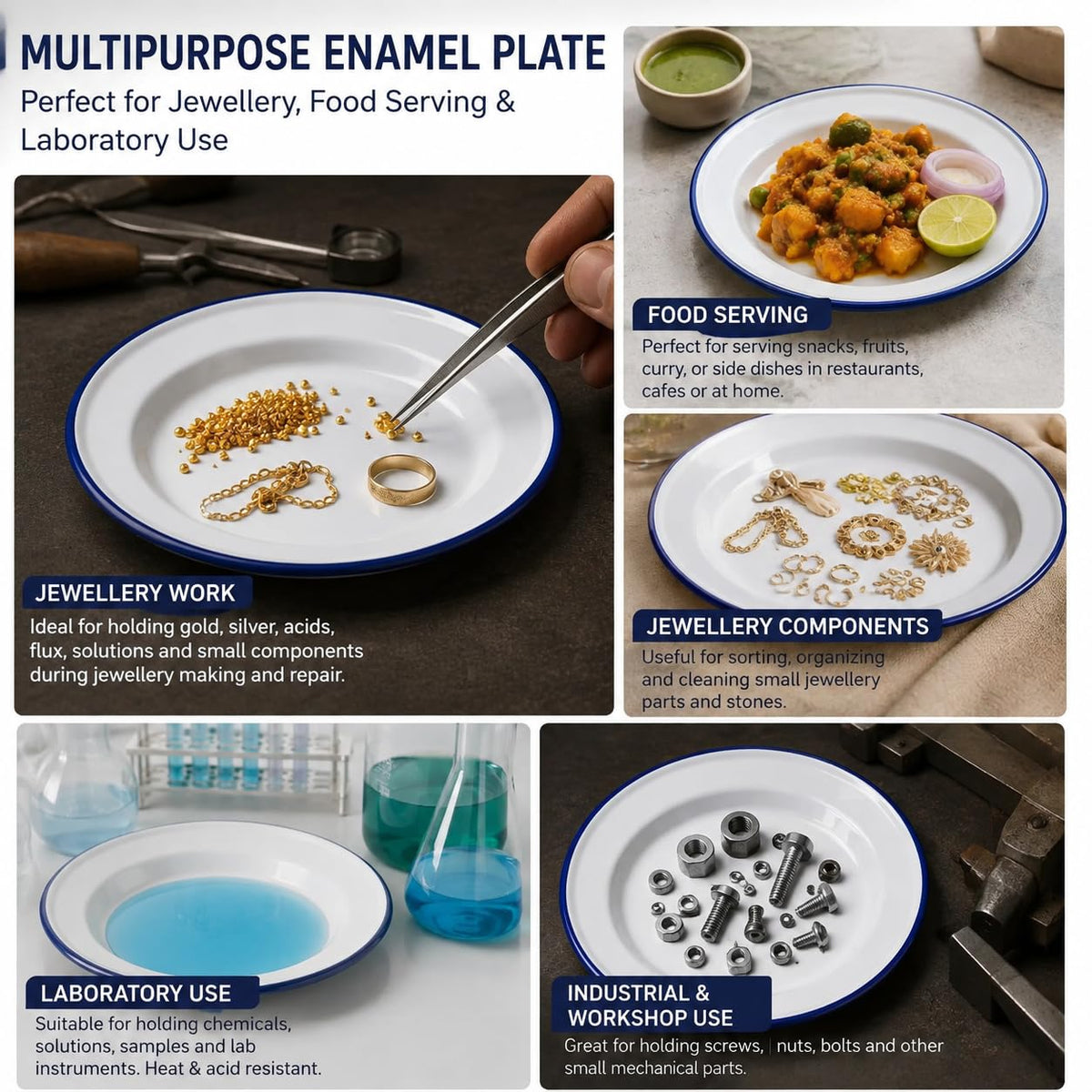 Johnson Tools Enamel Plate – Heat Resistant Enamelware Plate for Food Serving Mixing, Gold Silver Jewellery, Surgical and Laboratory Works Use