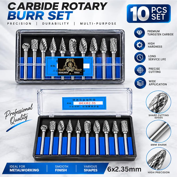 Johnson Tools Carbide Drill Bits/Burs 6X2.35mm for Jewellery Making, Dental Grinding, Carving or Other Multi purpose Works (Set of 10 Bits)