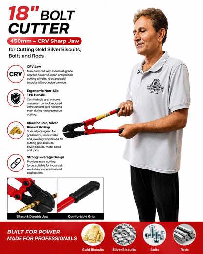 Johnson Tools 18" Hit Strong Bolt Cutter with Industrial Hardness and Shear Sharp, Comfortable Ergonomics TPR Handle for Cutting Bolts, Gold Biscuit and Other Various Uses (450mm)