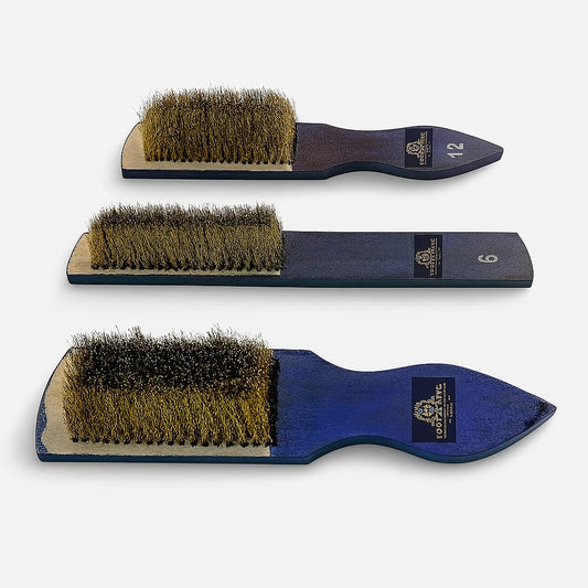 Johnson Tools Hard Wire Brass Brushes with 6 Line, 12Line, 14 Line Bristle for Silver Jewellery Cleaning and Washing (Set of 3 Pieces, Colour - Blue)