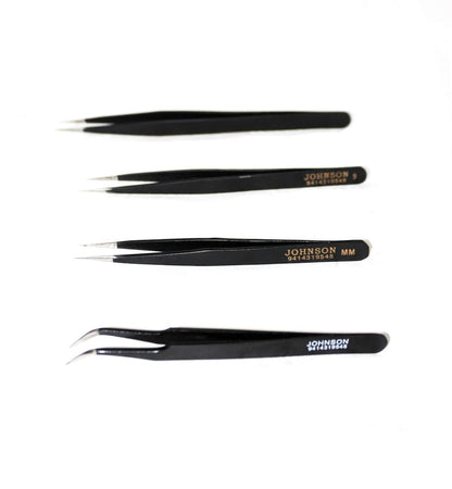 Johnson Tools Set of Straight and Curved Tips Stainless Steel Powder Coated Tweezers for Mobile,Gadget,Laptop and Jewelry Repair (Set of 4 Pieces)
