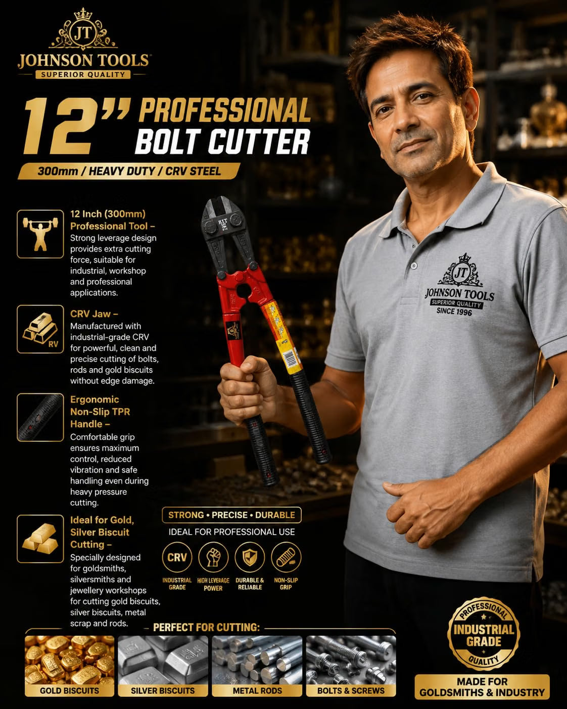 Johnson Tools 12 inch Steel Bolt Cutter for Cutting Bolts, Gold Biscuit and Other Various Uses (300mm)
