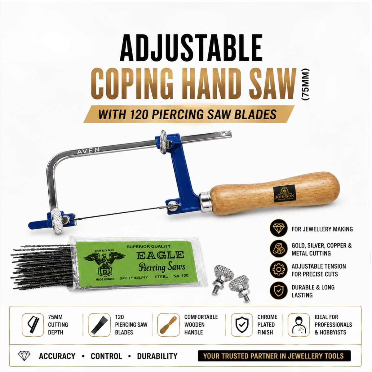 Johnson Tools Adjustable Coping Hand Saw with 120 Piece Blades For Gold and Silver and Other Art n Craft Use (75mm Inner Height), Hand powered