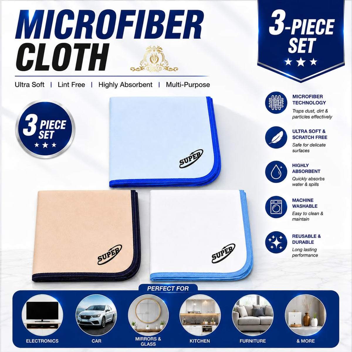 Johnson Tools Microfiber Cloth Lint Free Cleaning for Diamonds, Gemstones, Semi-Precious Stones, Watches, Camera Lens | Eyeglass | Laptop Screen and Gold, Silver, Platinum Jewellery (Pack of 3)