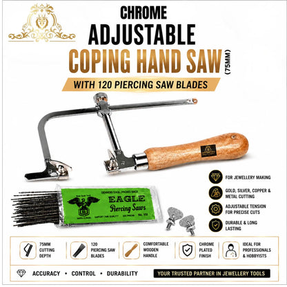 Johnson Tools Chrome Adjustable Coping Hand Saw with 120 Piece Blades For Gold and Silver and Other Art n Craft Use (75mm Inner Height)