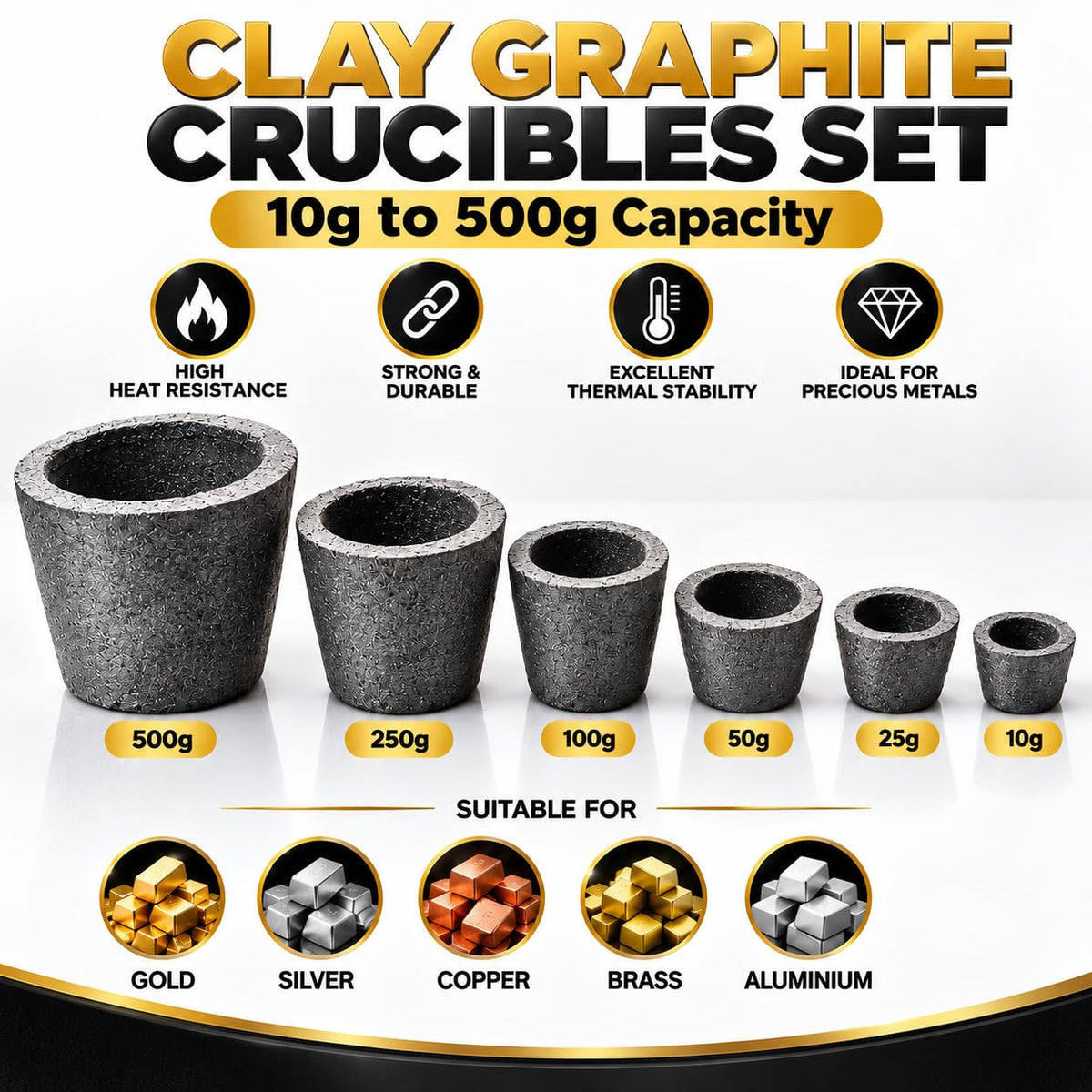 Johnson Tools Clay Graphite Crucibles Set (10g to 500gCapacity) for High Temperature Melting, Casting, Refining Gold, Silver, Copper, Brass and Aluminium Metal - Electric or Gas Furnace (Pack of 6)