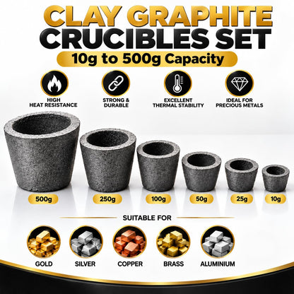Johnson Tools Clay Graphite Crucibles Set (10g to 500gCapacity) for High Temperature Melting, Casting, Refining Gold, Silver, Copper, Brass and Aluminium Metal - Electric or Gas Furnace (Pack of 6)