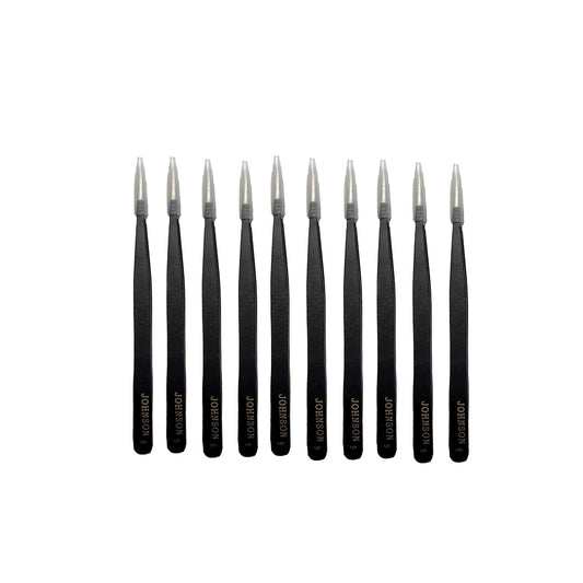 Johnson Tools Straight Tips Stainless Steel Powder Coated Tweezers for Mobile/Gadget/Laptop and Jewelry Repair (Color - black, Set of 10 Pieces)