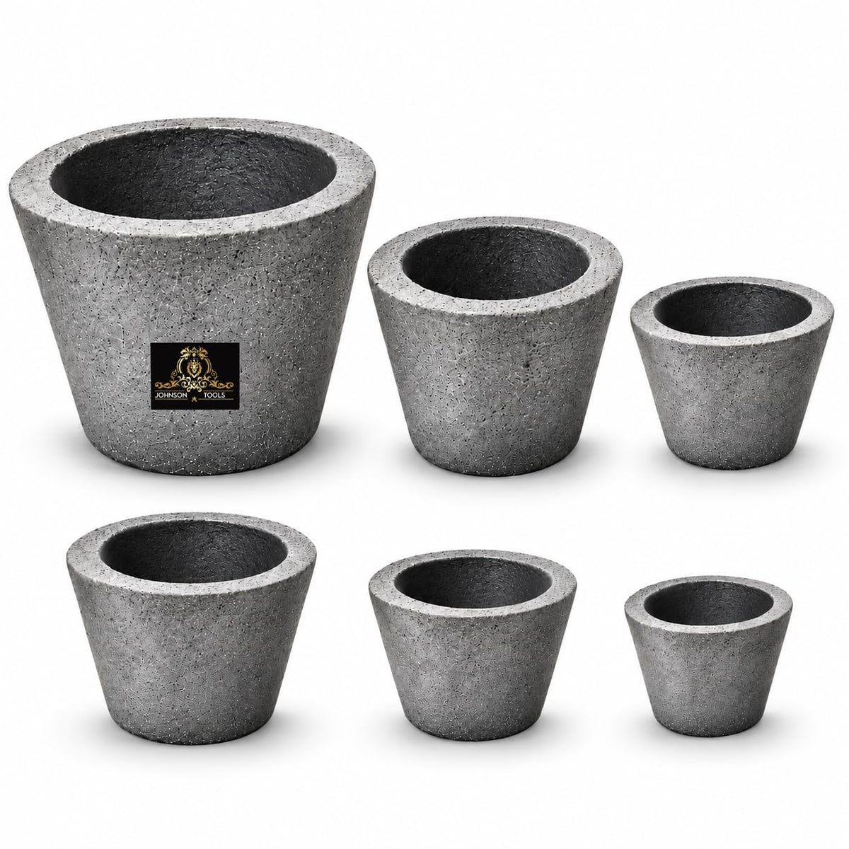 Johnson Tools Clay Graphite Crucibles Set (10g to 500gCapacity) for High Temperature Melting, Casting, Refining Gold, Silver, Copper, Brass and Aluminium Metal - Electric or Gas Furnace (Pack of 6)