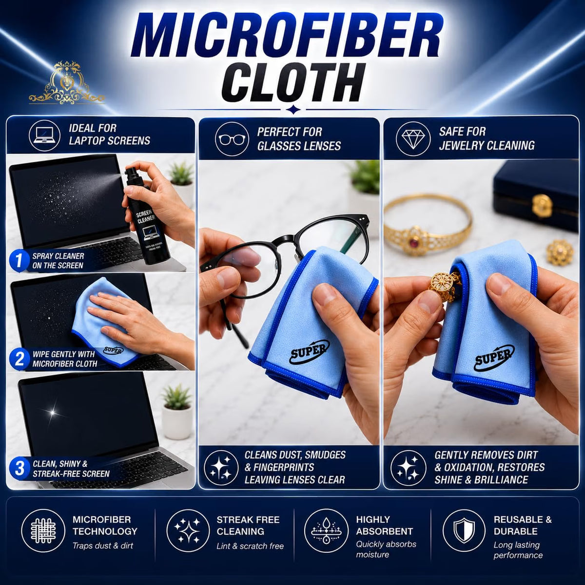 Johnson Tools Microfiber Cloth Lint Free Cleaning for Diamonds, Gemstones, Semi-Precious Stones, Watches, Camera Lens | Eyeglass | Laptop Screen and Gold, Silver, Platinum Jewellery (Pack of 3)